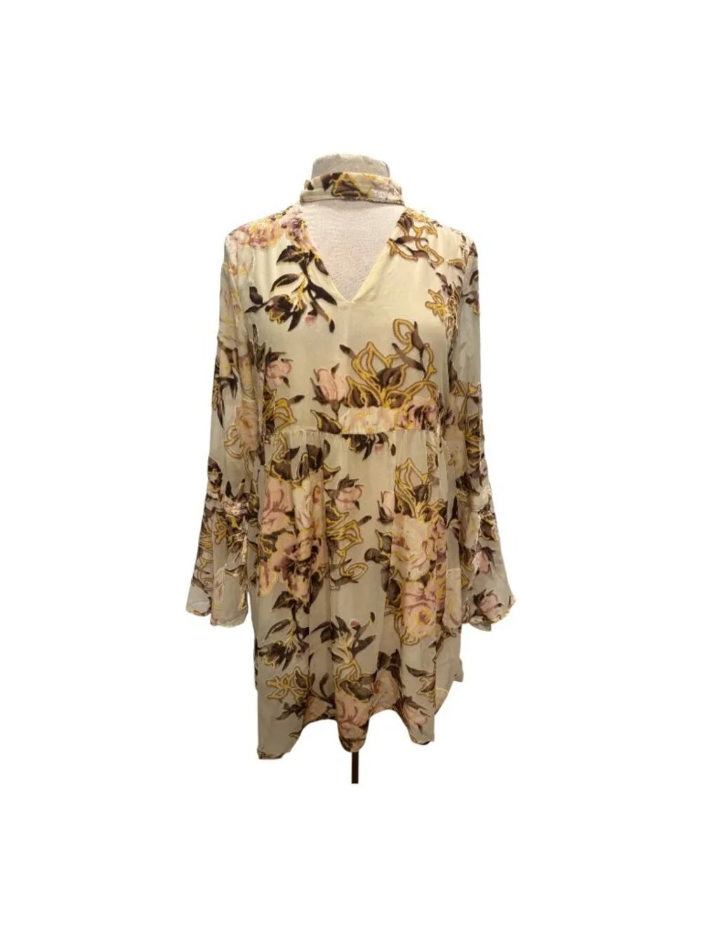 Luxe Apothetique Floral Burnout Velvet Mini Dress M Romantic Boho Bell Sleeve - Picture 2 of 10